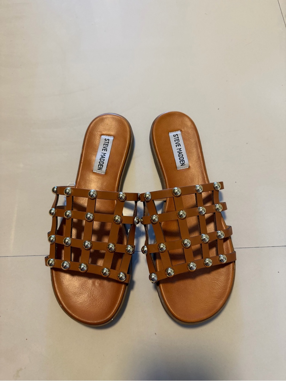 Steve Madden Tan Studded Lattice Slide Sandals